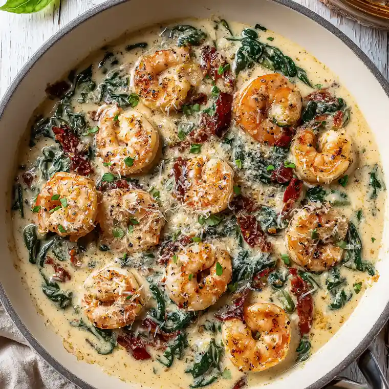Tuscan shrimp in creamy garlic sauce with spinach and parmesan